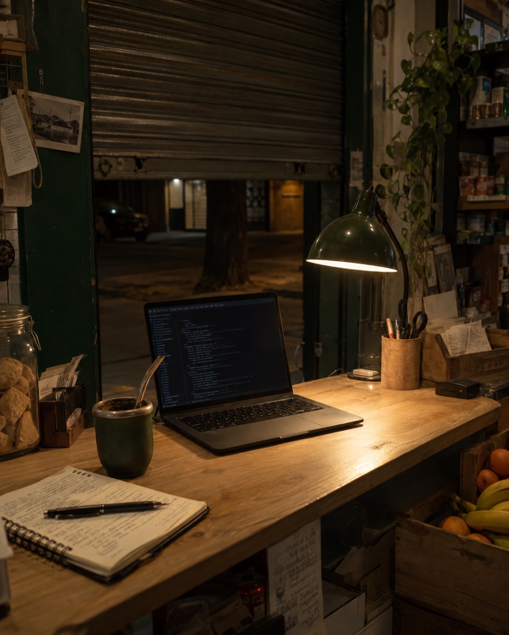 El mostrador del local de noche, con la persiana a medio bajar, una notebook con la terminal abierta, un mate y un cuaderno